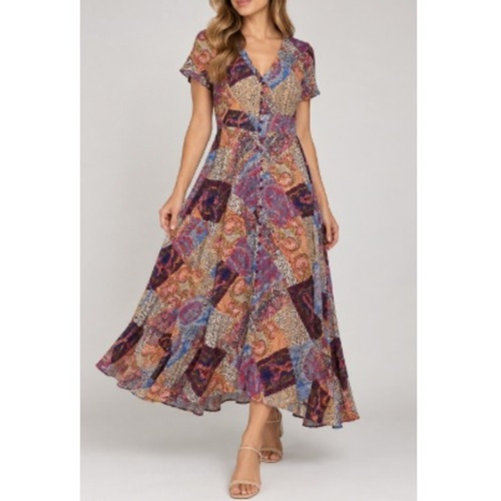 SHEIN Women's Multi Paisley Floral Patchwork Rayon V-Neck Maxi Dress Size M